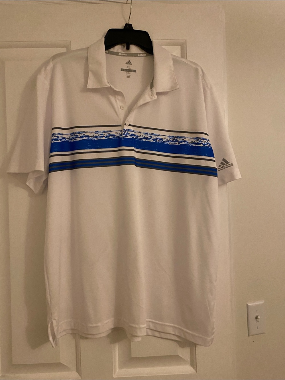 adidas White Polo with Blue Stripe Chest Band